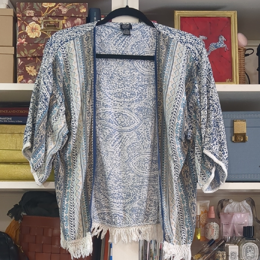 Raffe Blue and White Paisley Short Fringe Kimono Cover Up